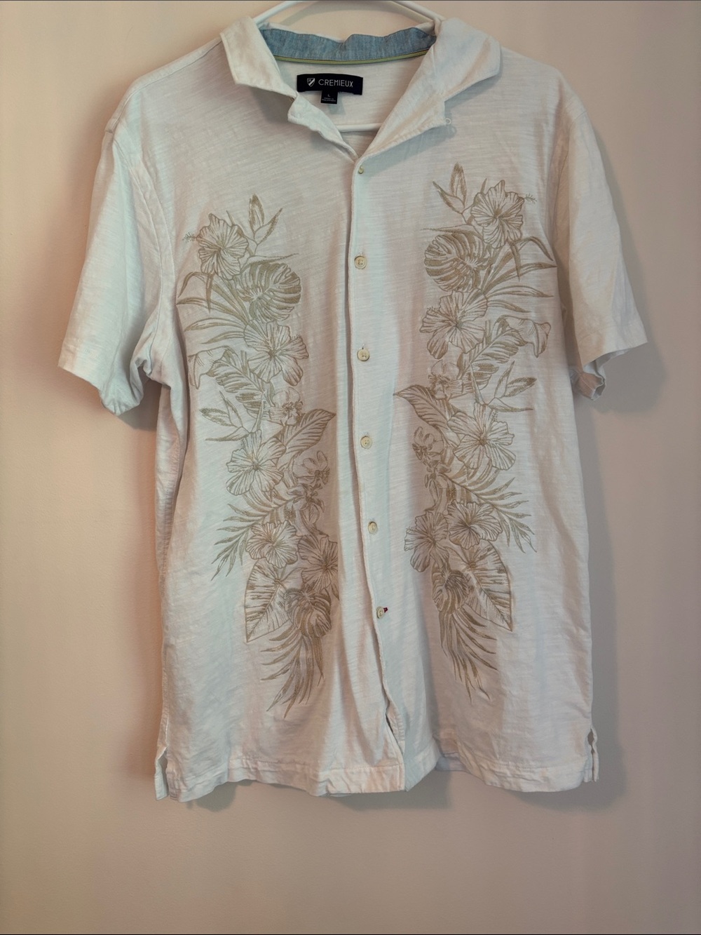 Mens Cremieux White Short Sleeve Hawaiian Button-Up with Floral Print Large